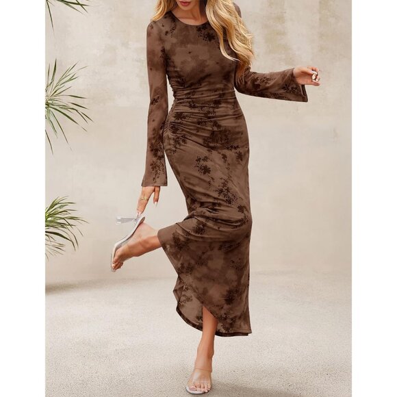 Zesica Women's Tie Dye Brown Ruched Mesh Long Sleeve Floral Bodycon Dress - Picture 2 of 5